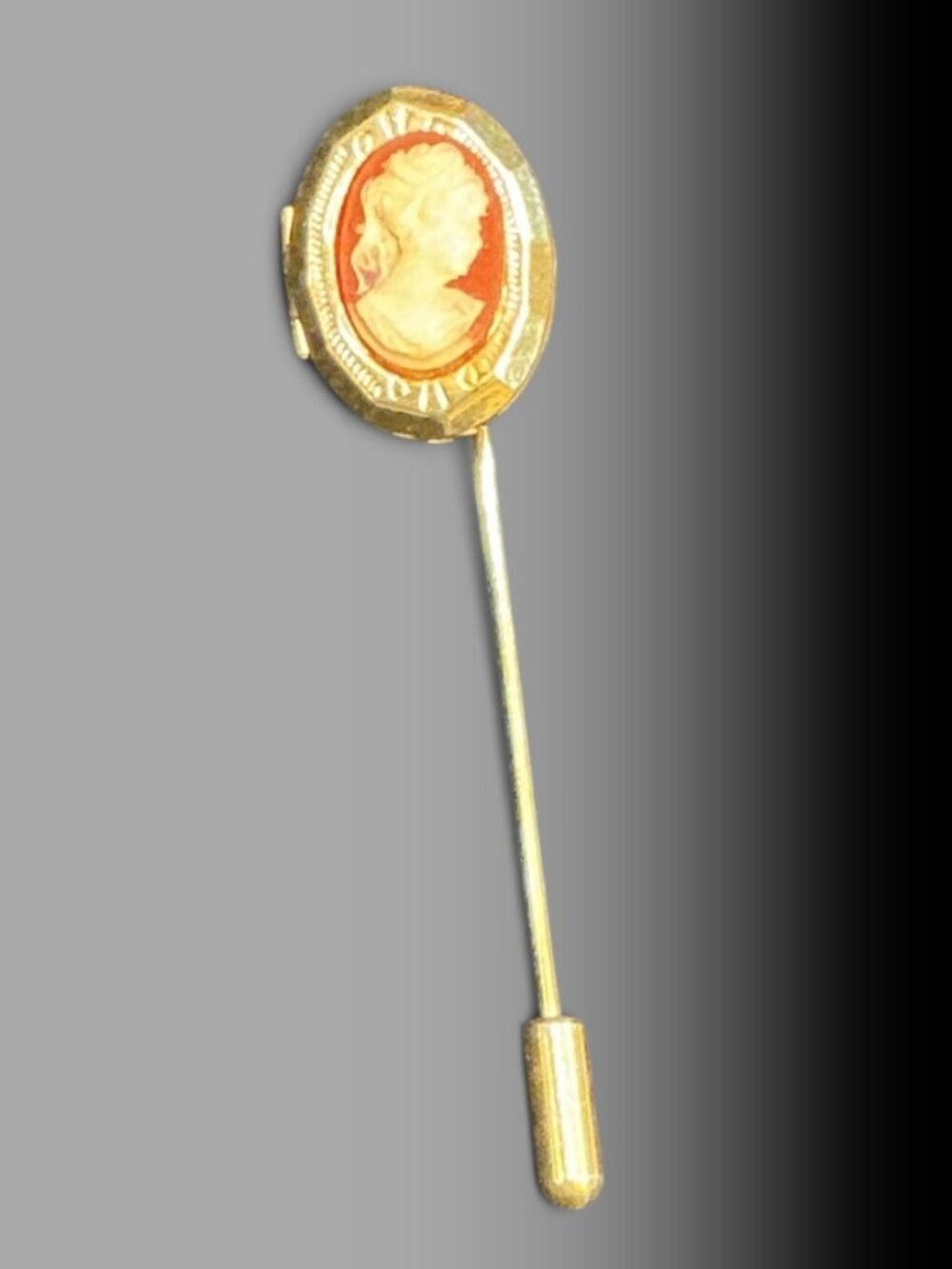 Vintage Cameo Locket Stick Pin Gold Tone Portrait Lady Lapel Hat Pin 2.5”
